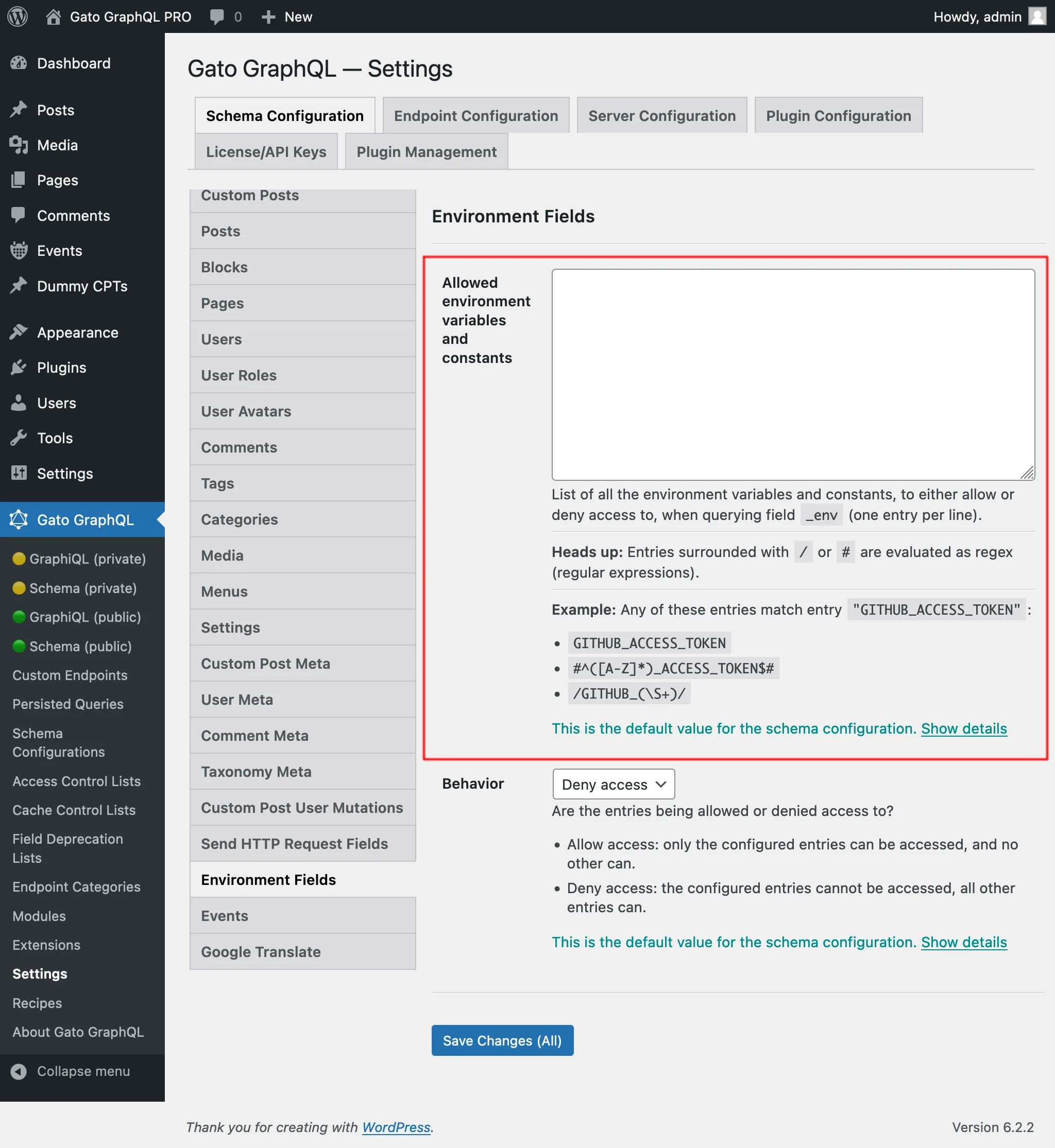 Defining the entries on the Settings