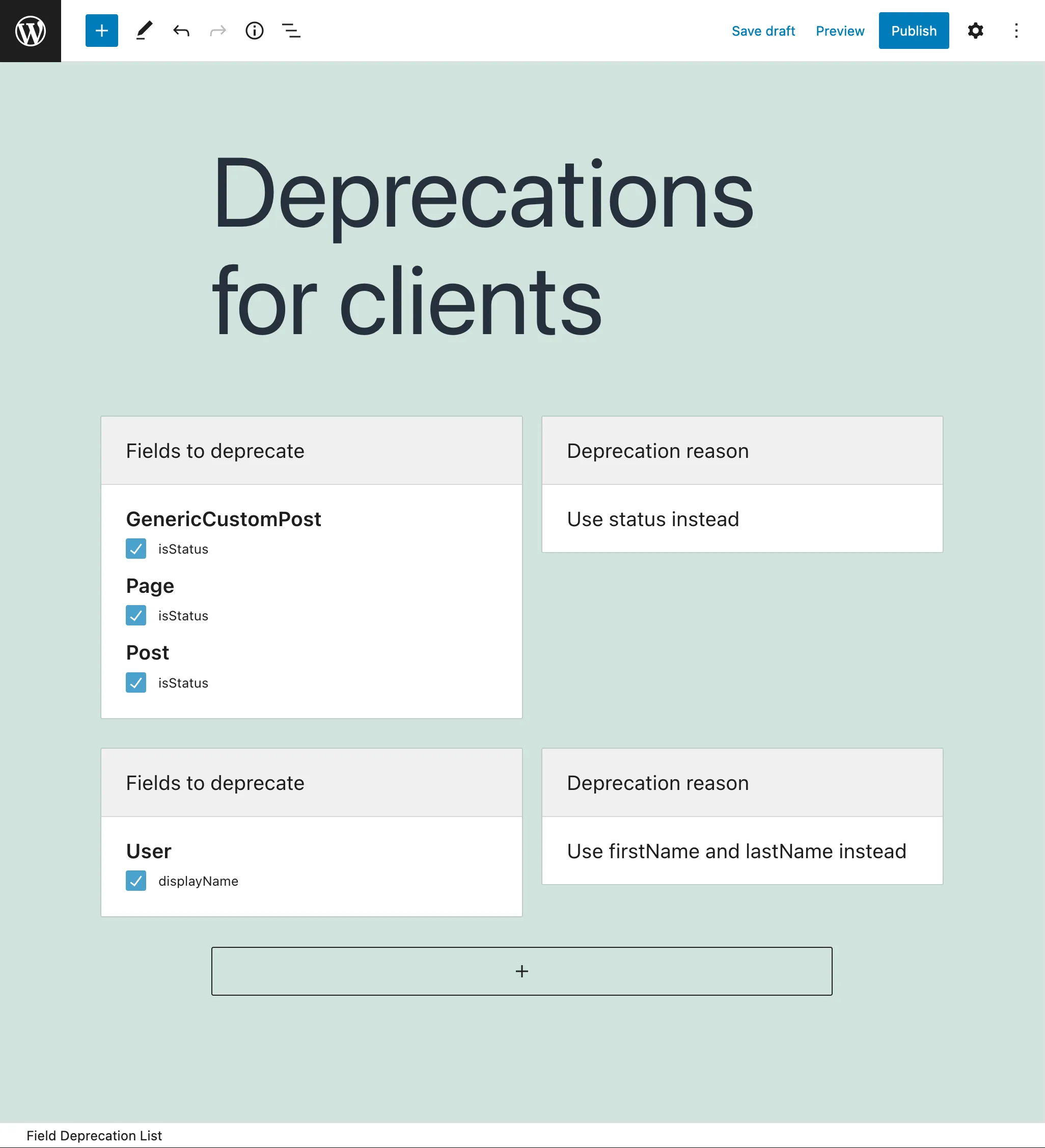 Field Deprecation List editor