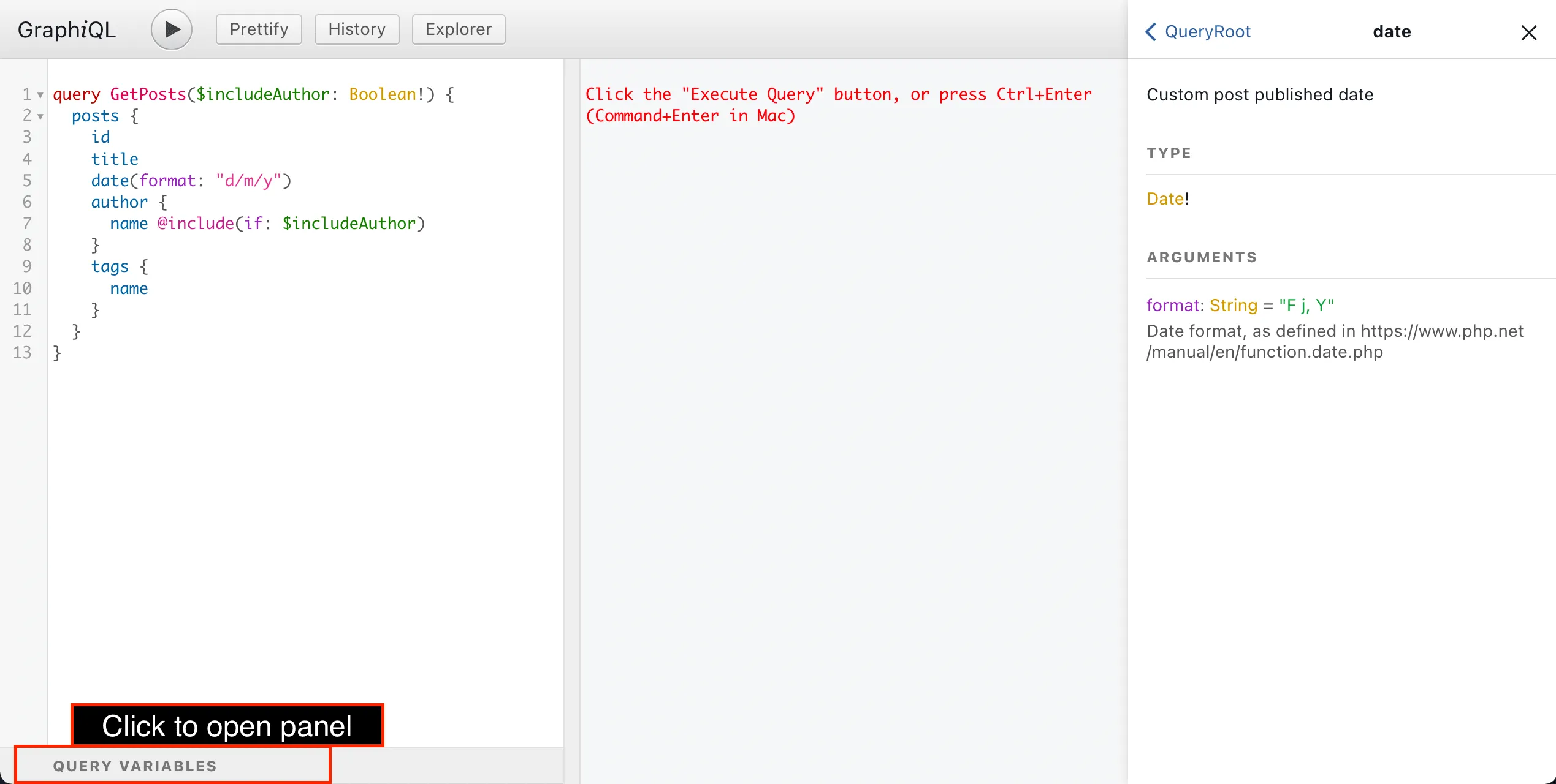 Opening the Query variables panel