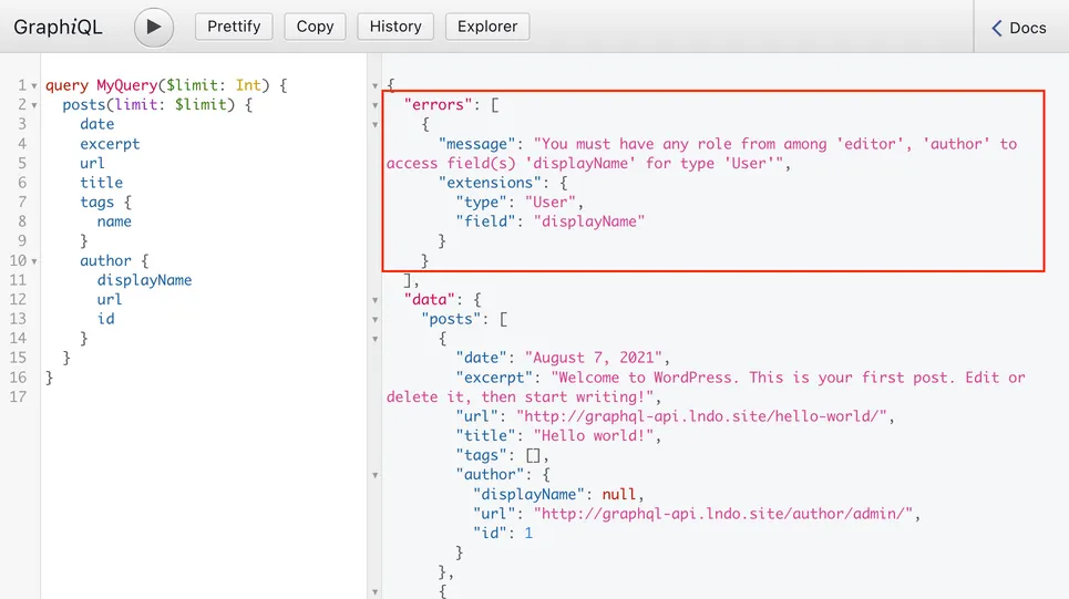 Public schema: When access to the field fails, the error message explains the reason