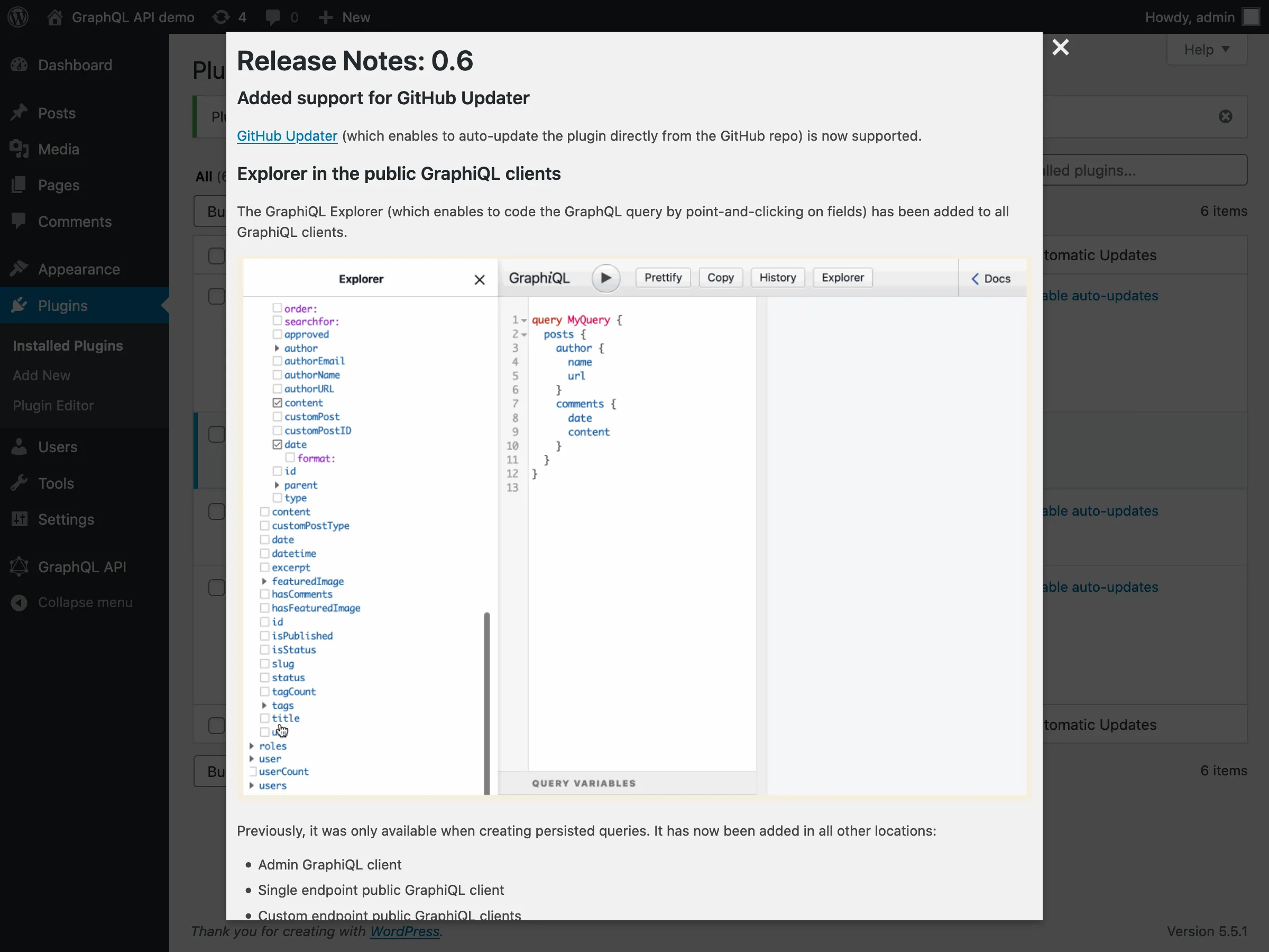 Release notes in a modal window