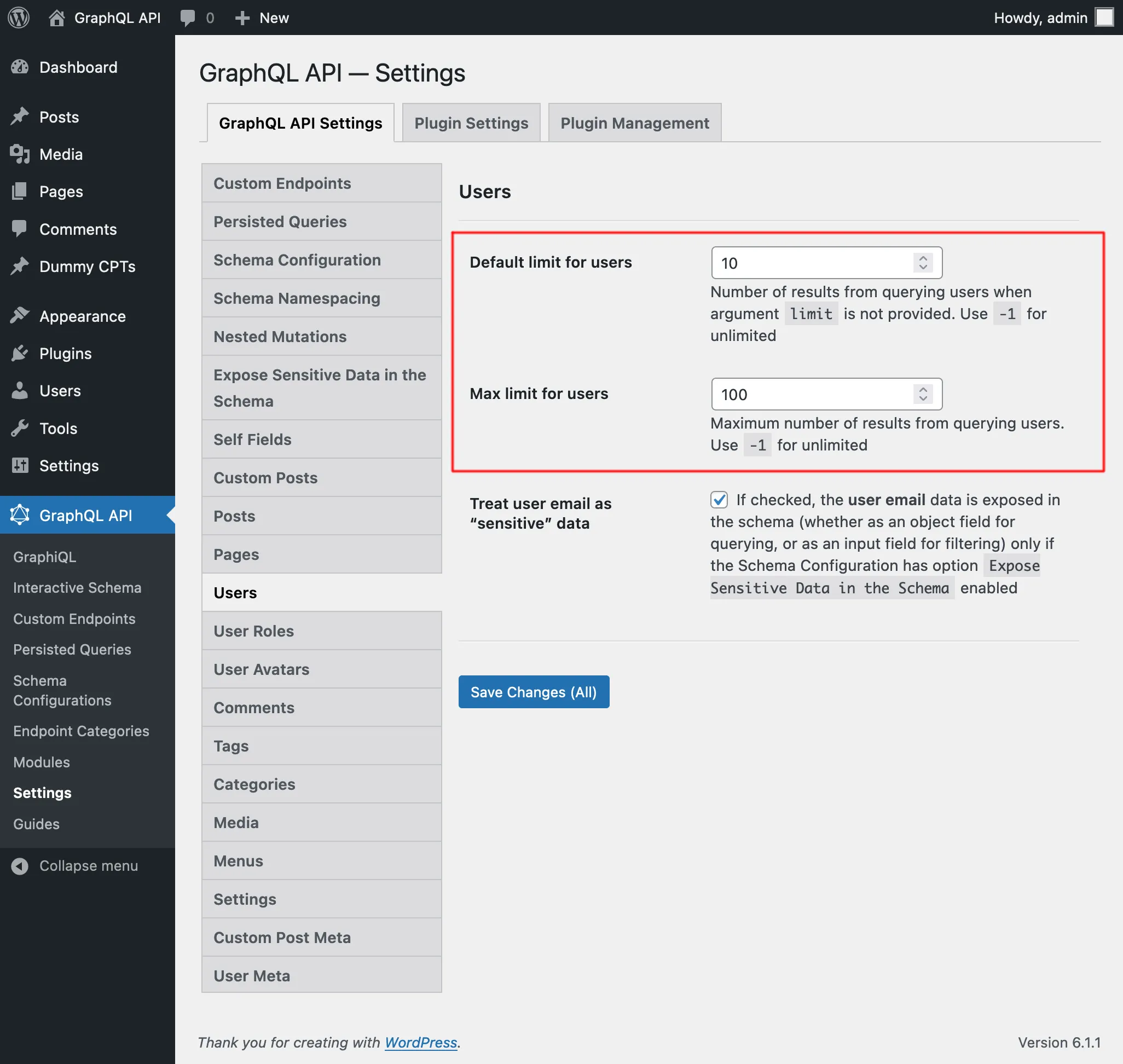 Settings for User limits