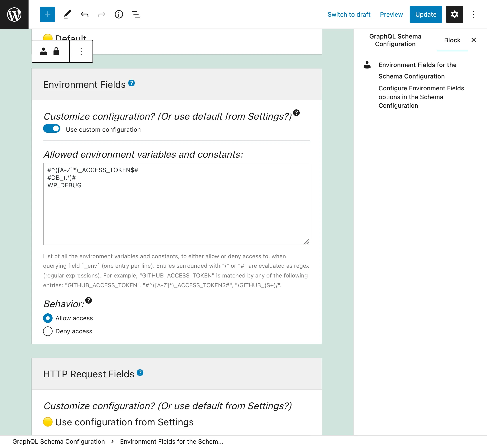 Defining the entries on the Schema Configuration