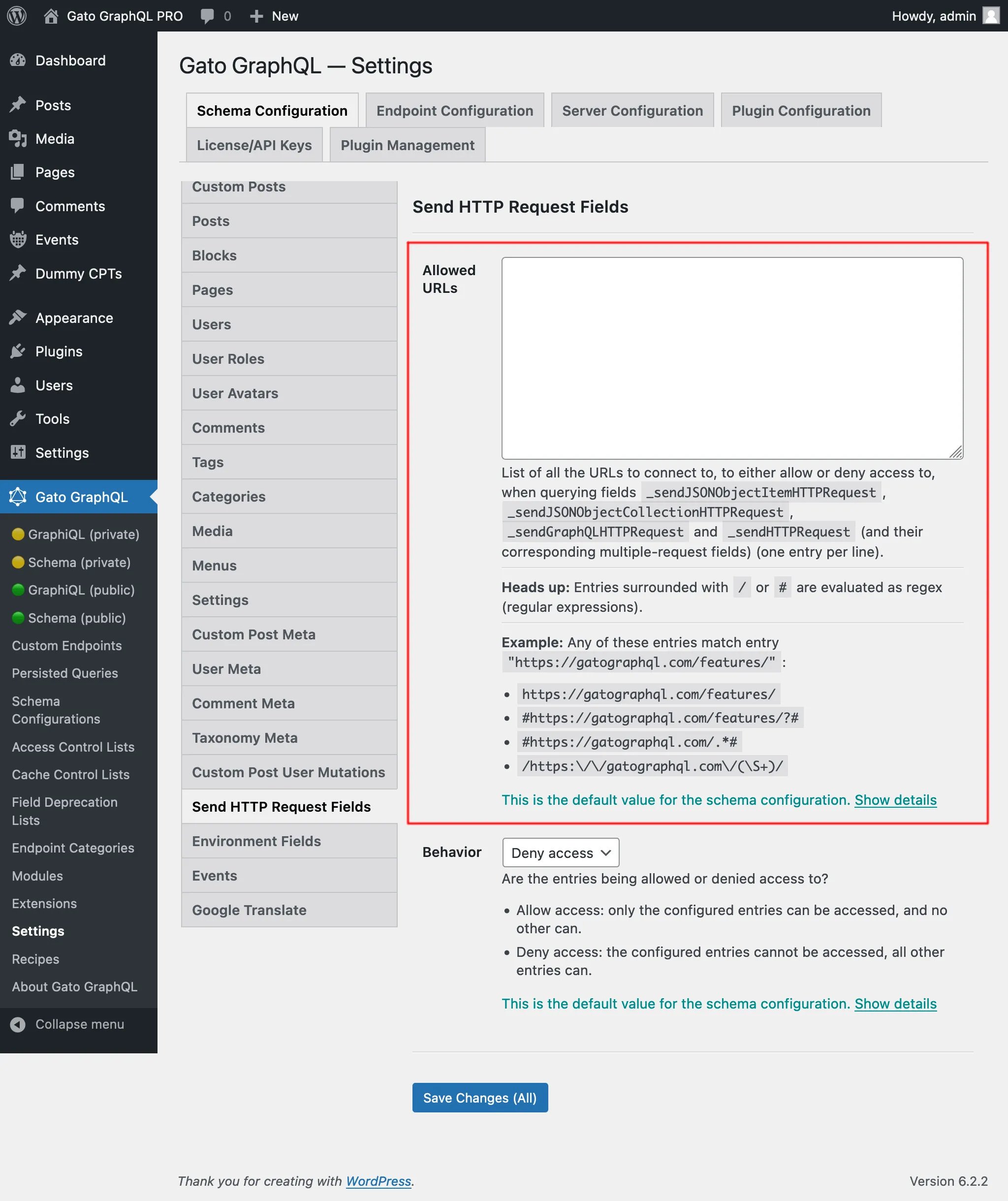 Defining the entries for the Settings