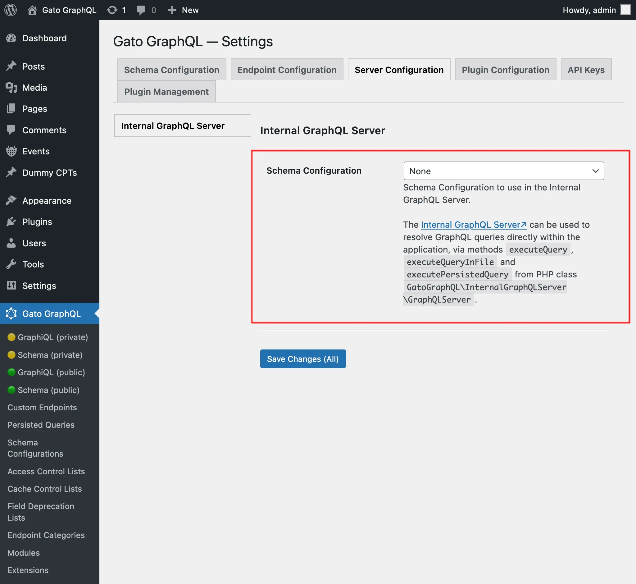 Schema configuration for the Internal GraphQL Server in Settings