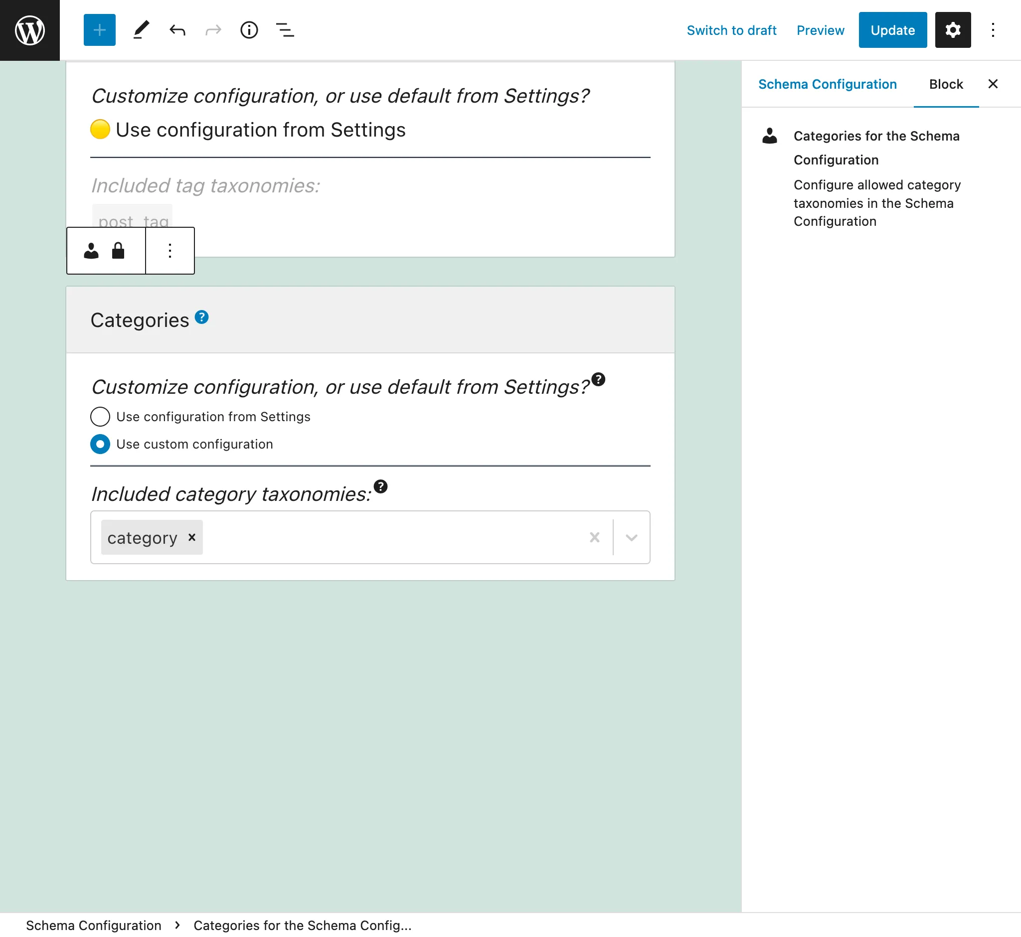 Selecting the allowed category taxonomies in the Schema Configuration