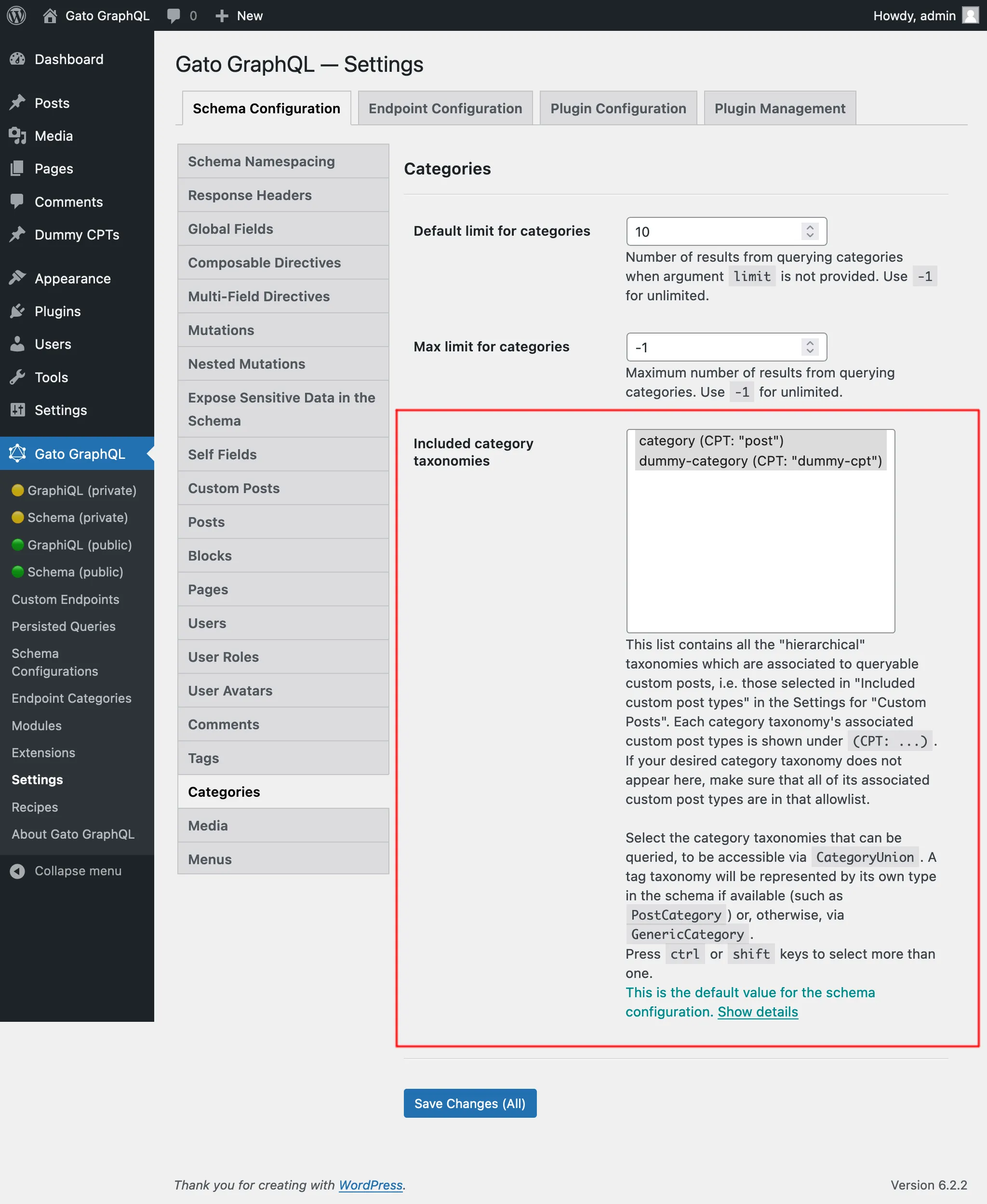 Selecting the allowed category taxonomies in the Settings