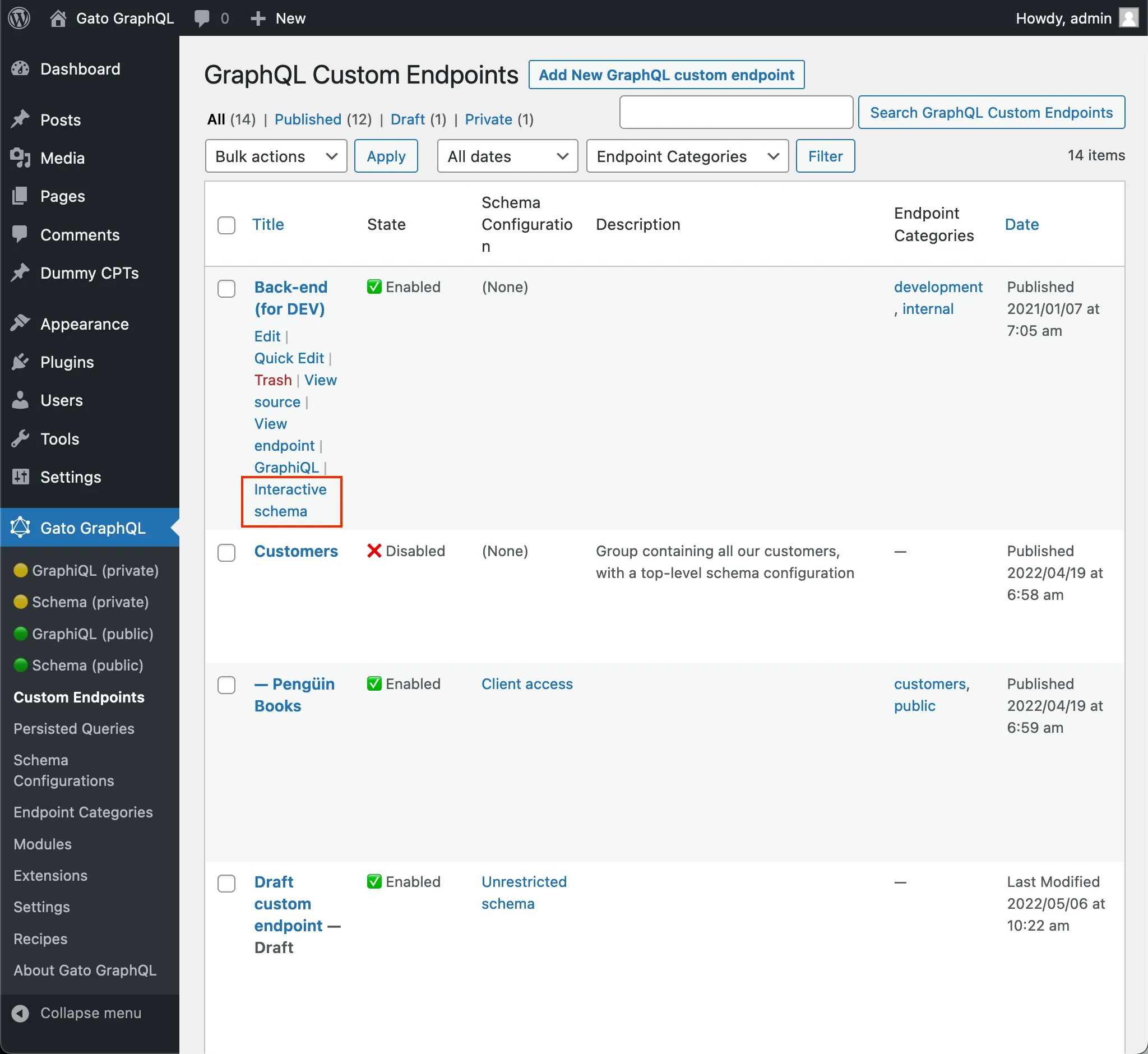 Custom endpoint's link to the Interactive Schema client in the list