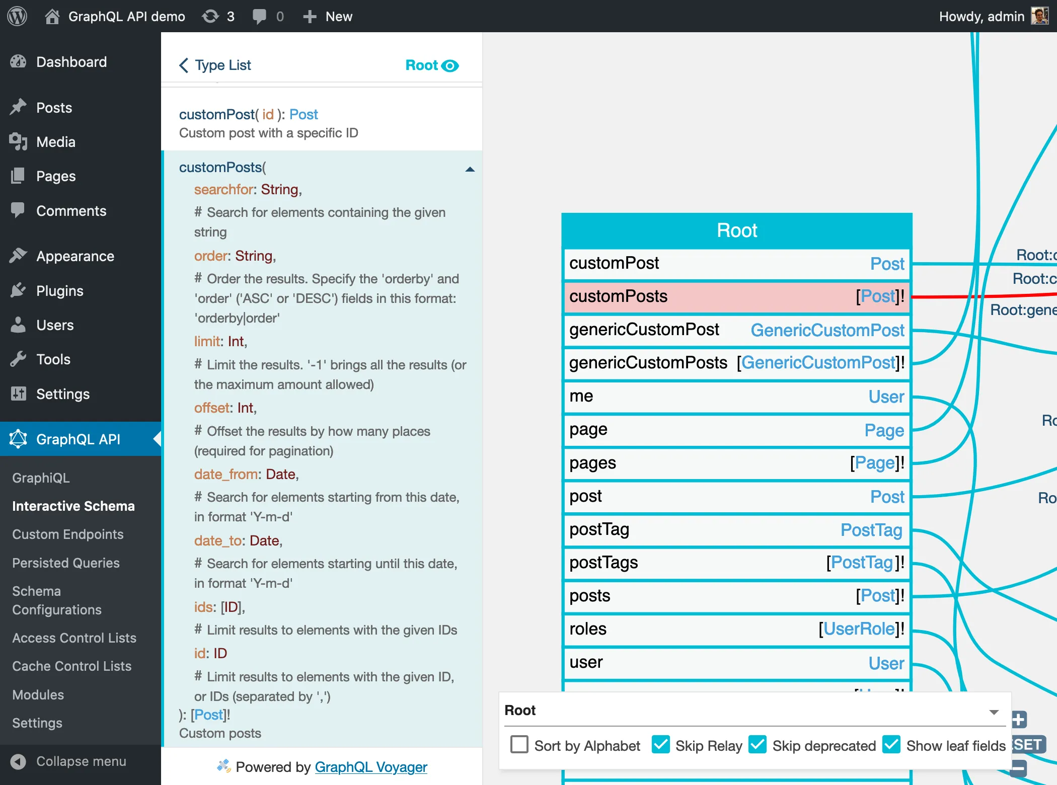 customPosts field resolves to Post type