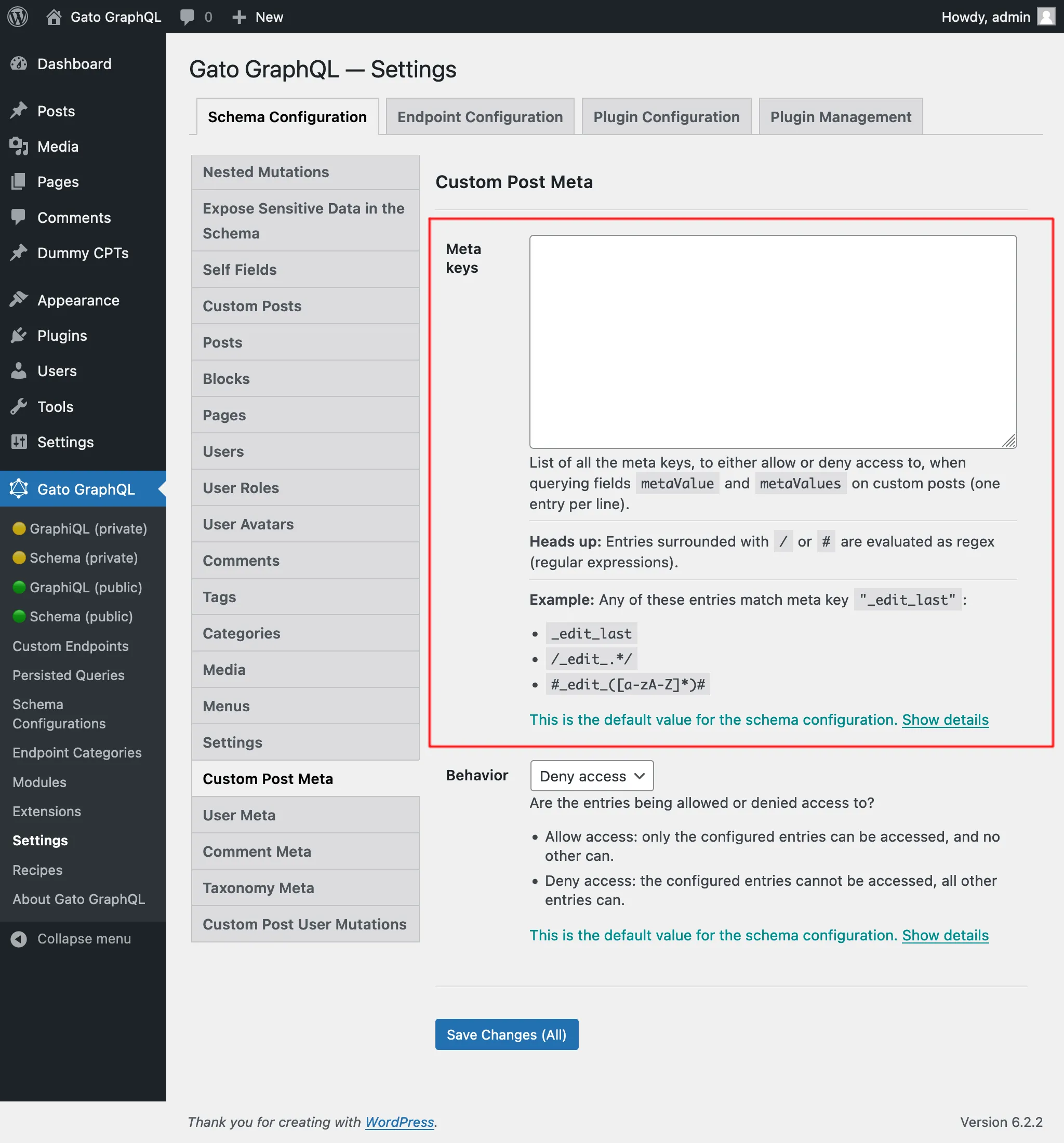 Defining the entries in the Settings