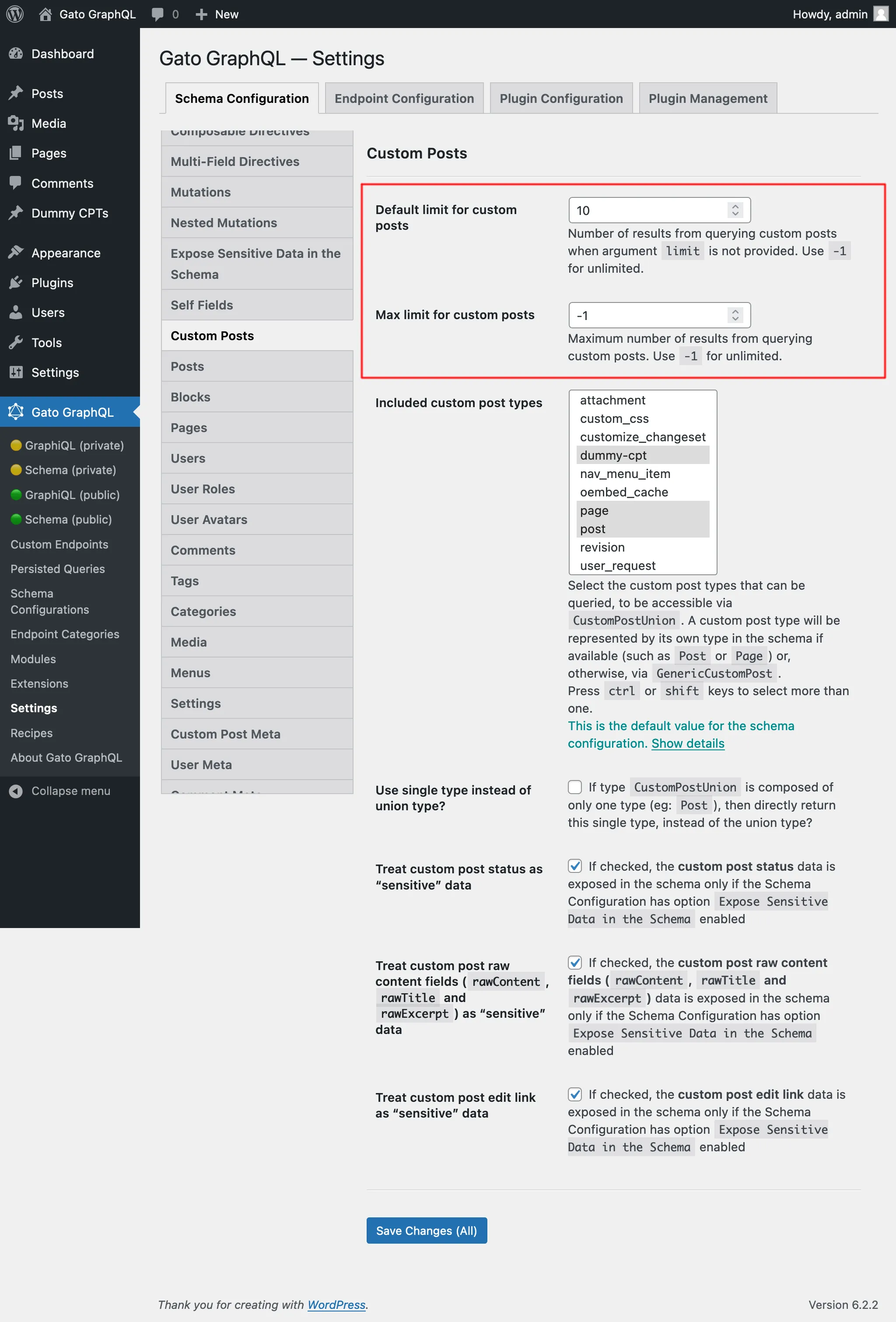 Settings for Custom Post limits