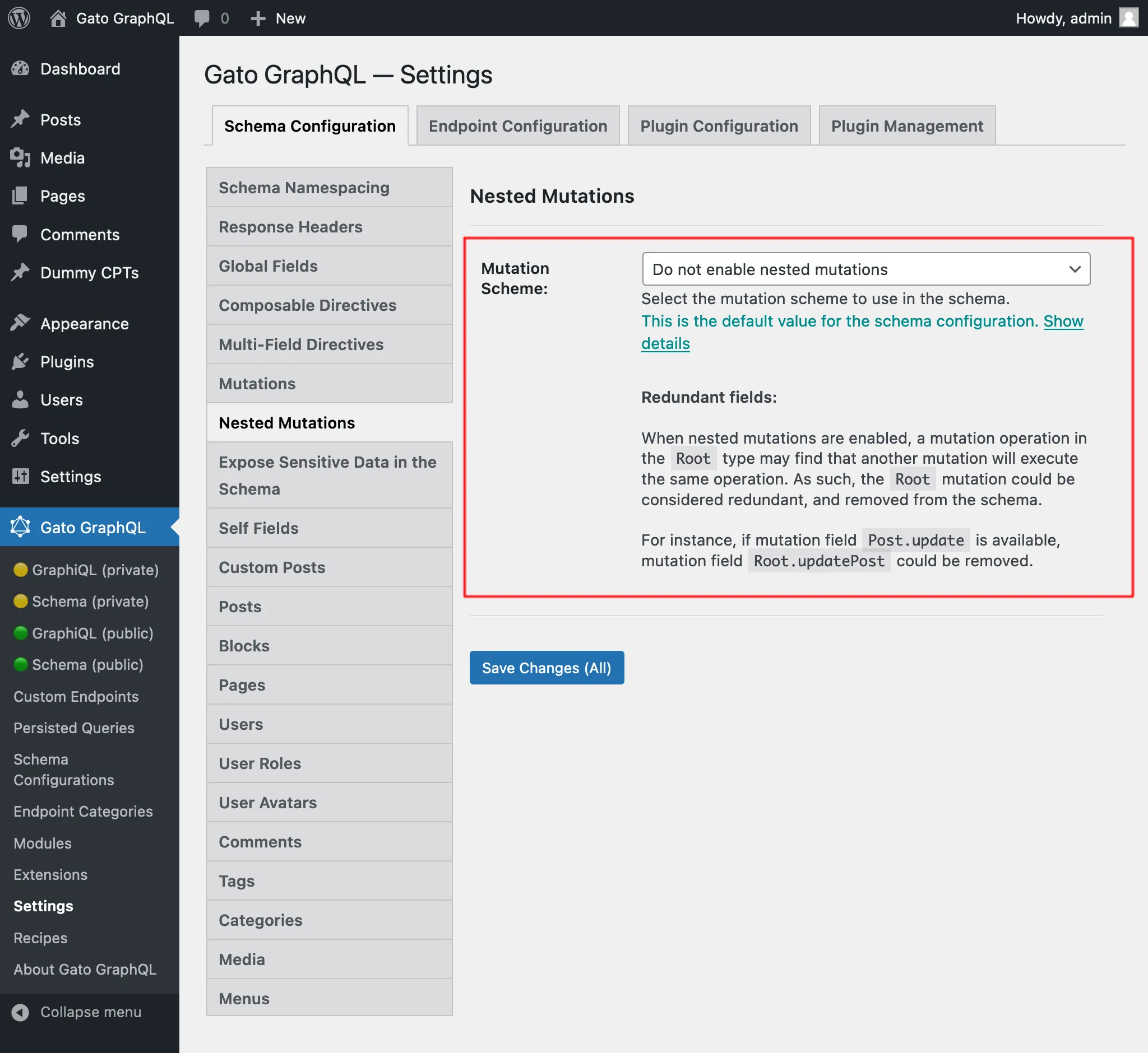 Settings for nested mutations