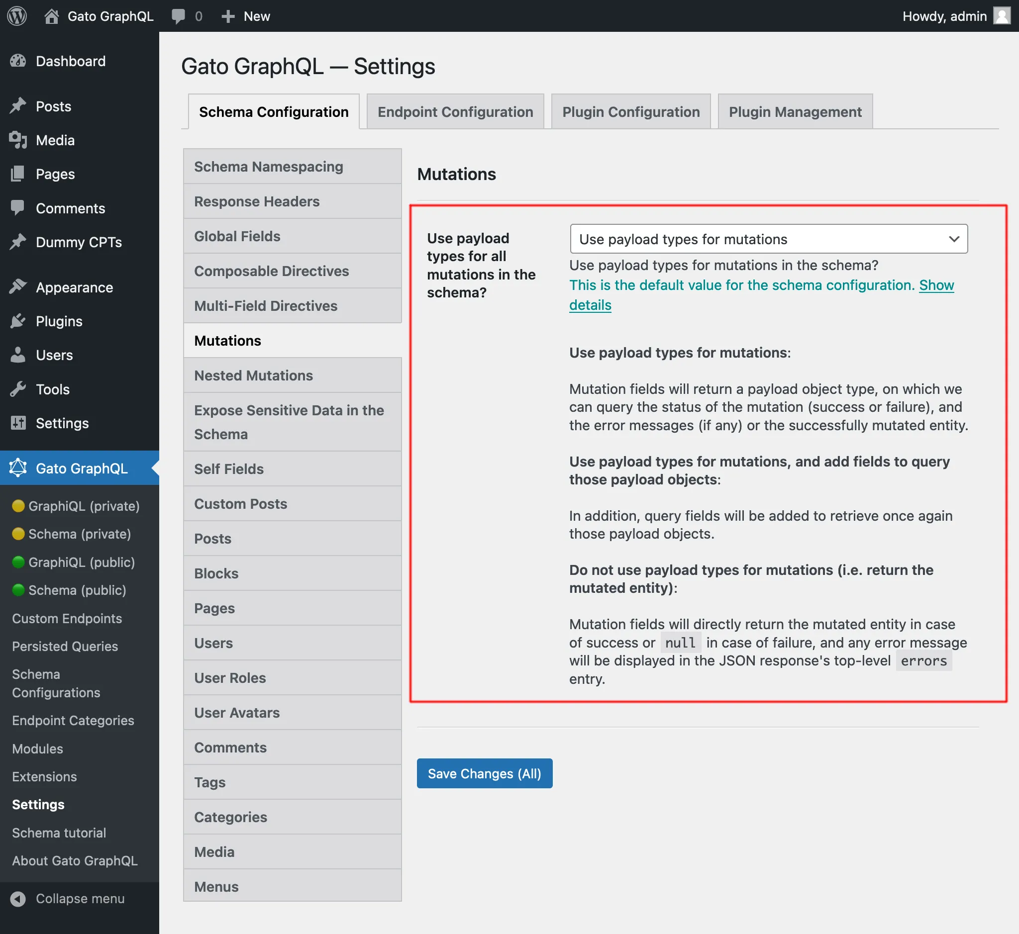 Defining if and how to use payload object types for mutations, in the Settings