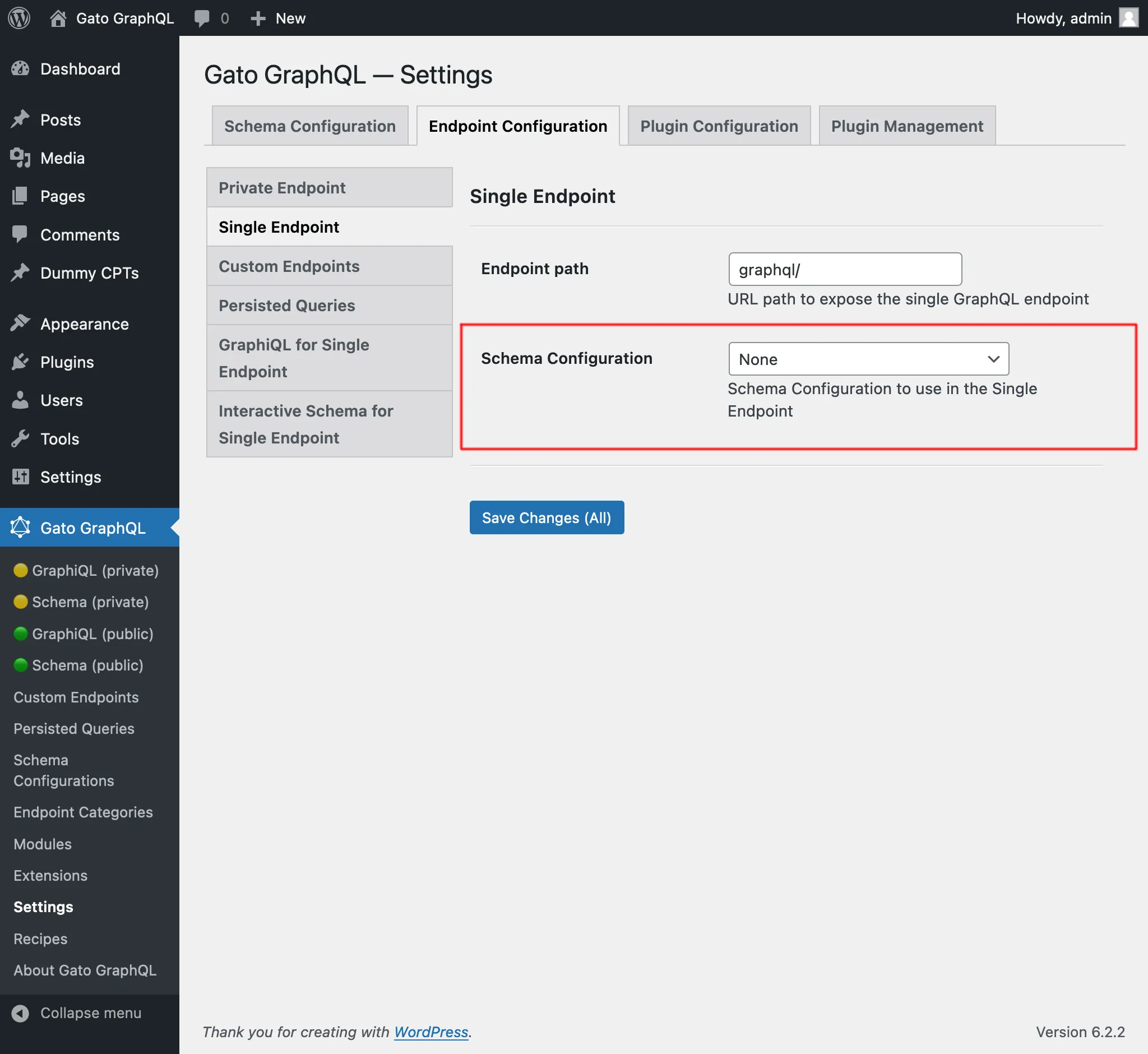 Settings for the Schema Configuration for the Single Endpoint