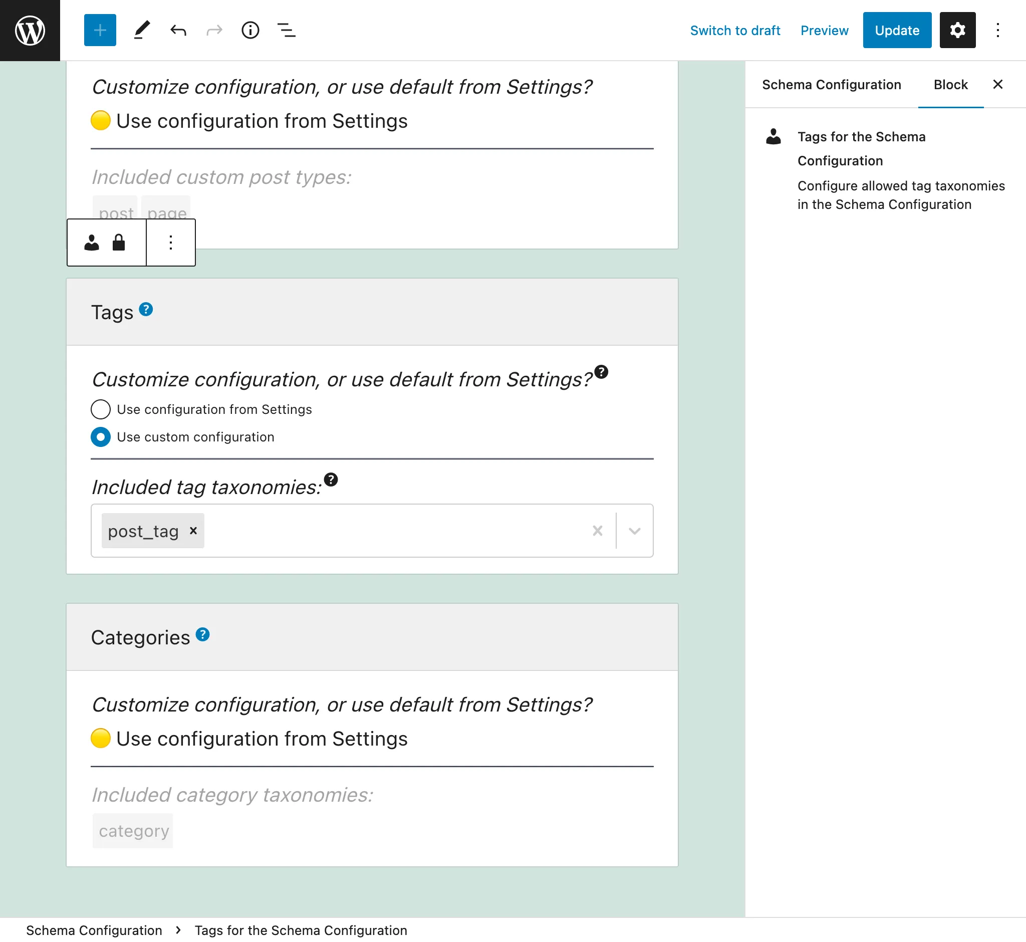 Selecting the allowed tag taxonomies in the Schema Configuration