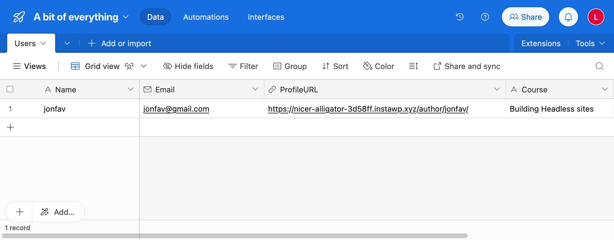 Table in AirTable with LMS data