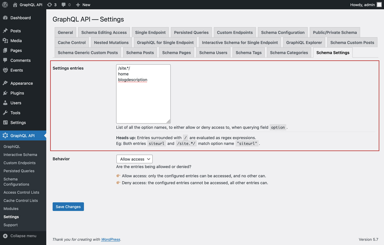 Defining the entries for the Settings