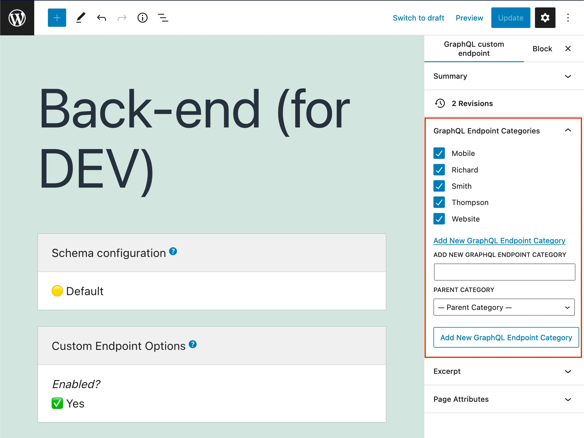 Endpoint categories when editing a Custom Endpoint