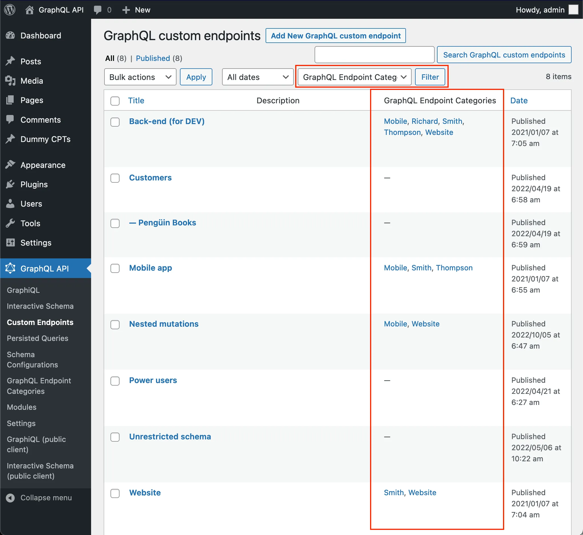 List of Custom Endpoints with their categories