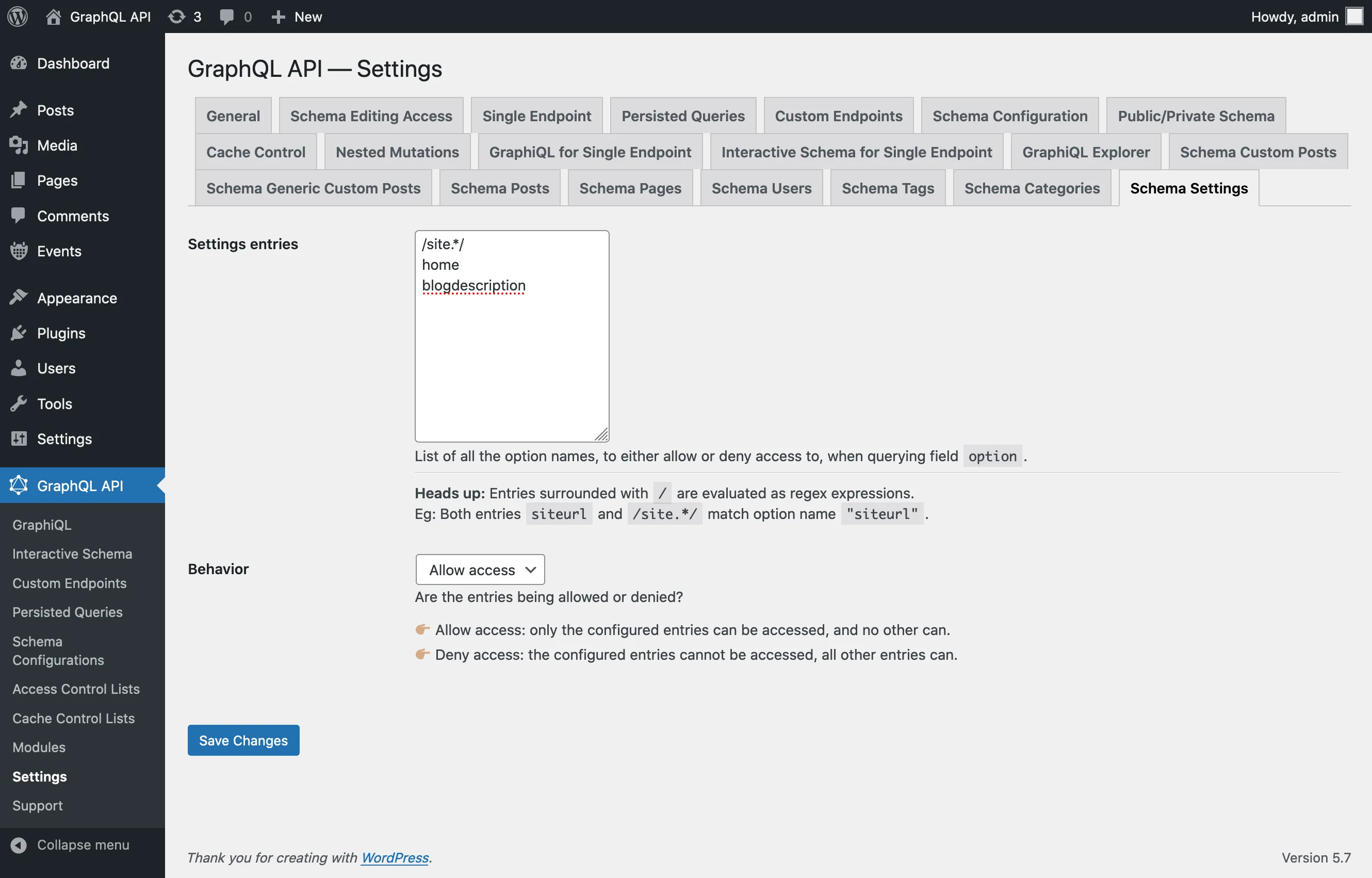 Defining allowed/denied entries for the 'option' field